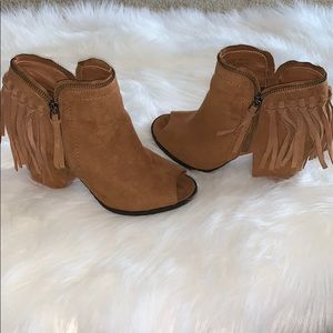Peep toe fringe booties